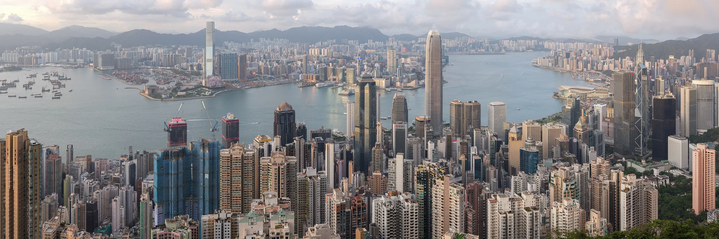 Victoria Harbour and the Central and Kowloon skylines from Lugard Road on Victoria Peak, May 2022